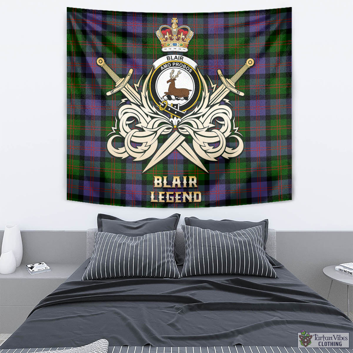 Tartan Vibes Clothing Blair Modern Tartan Tapestry with Clan Crest and the Golden Sword of Courageous Legacy