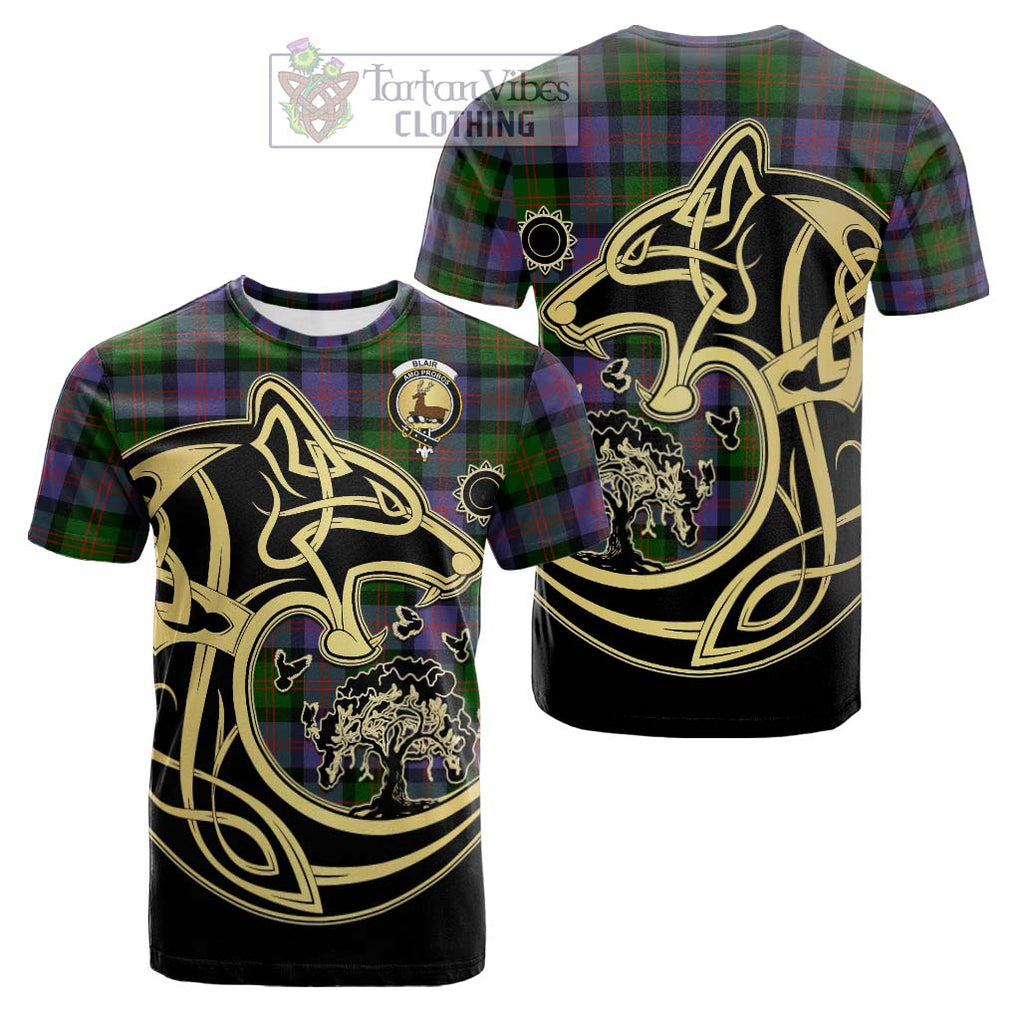 Tartan Vibes Clothing Blair Modern Tartan Cotton T-shirt with Family Crest Celtic Wolf Style