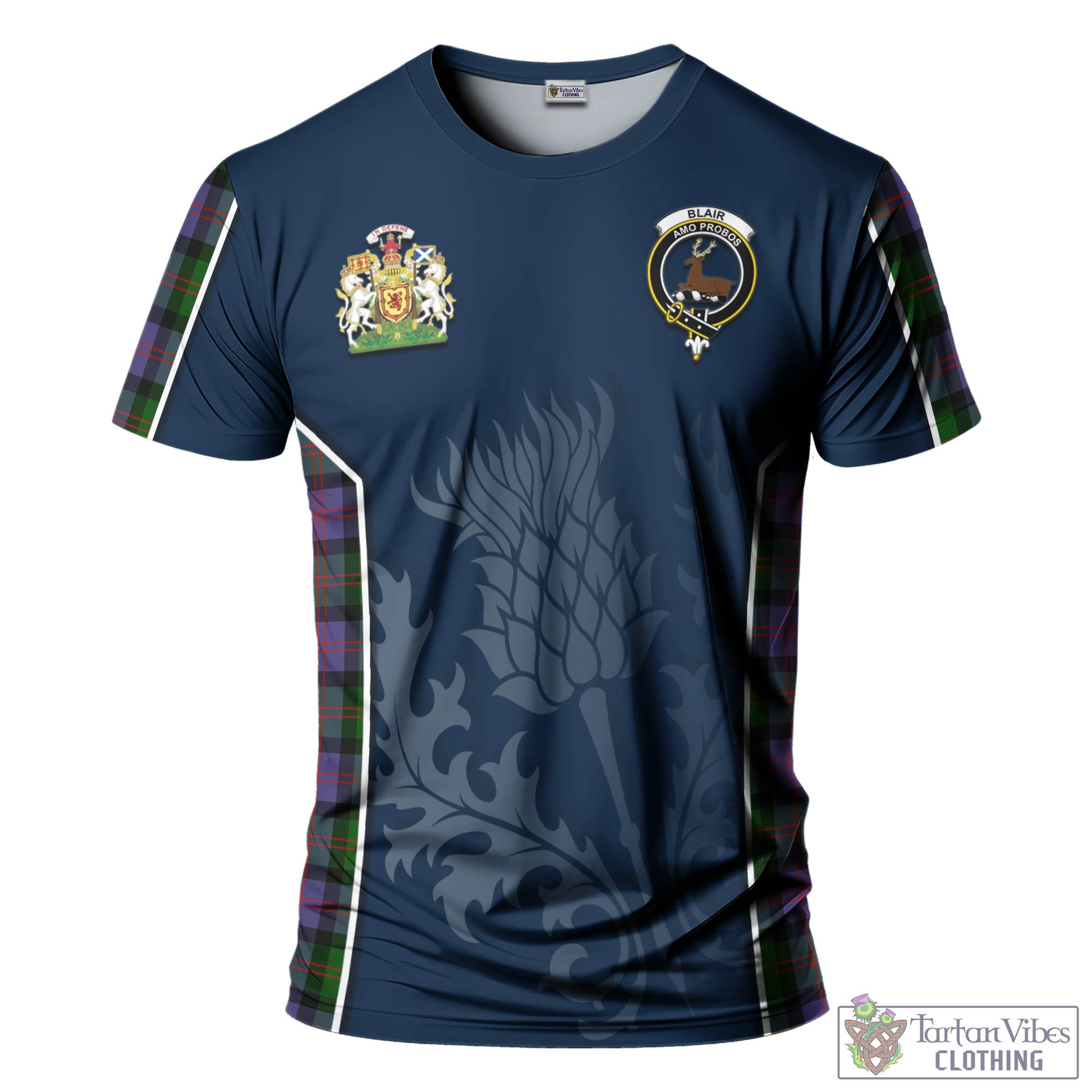 Tartan Vibes Clothing Blair Modern Tartan T-Shirt with Family Crest and Scottish Thistle Vibes Sport Style