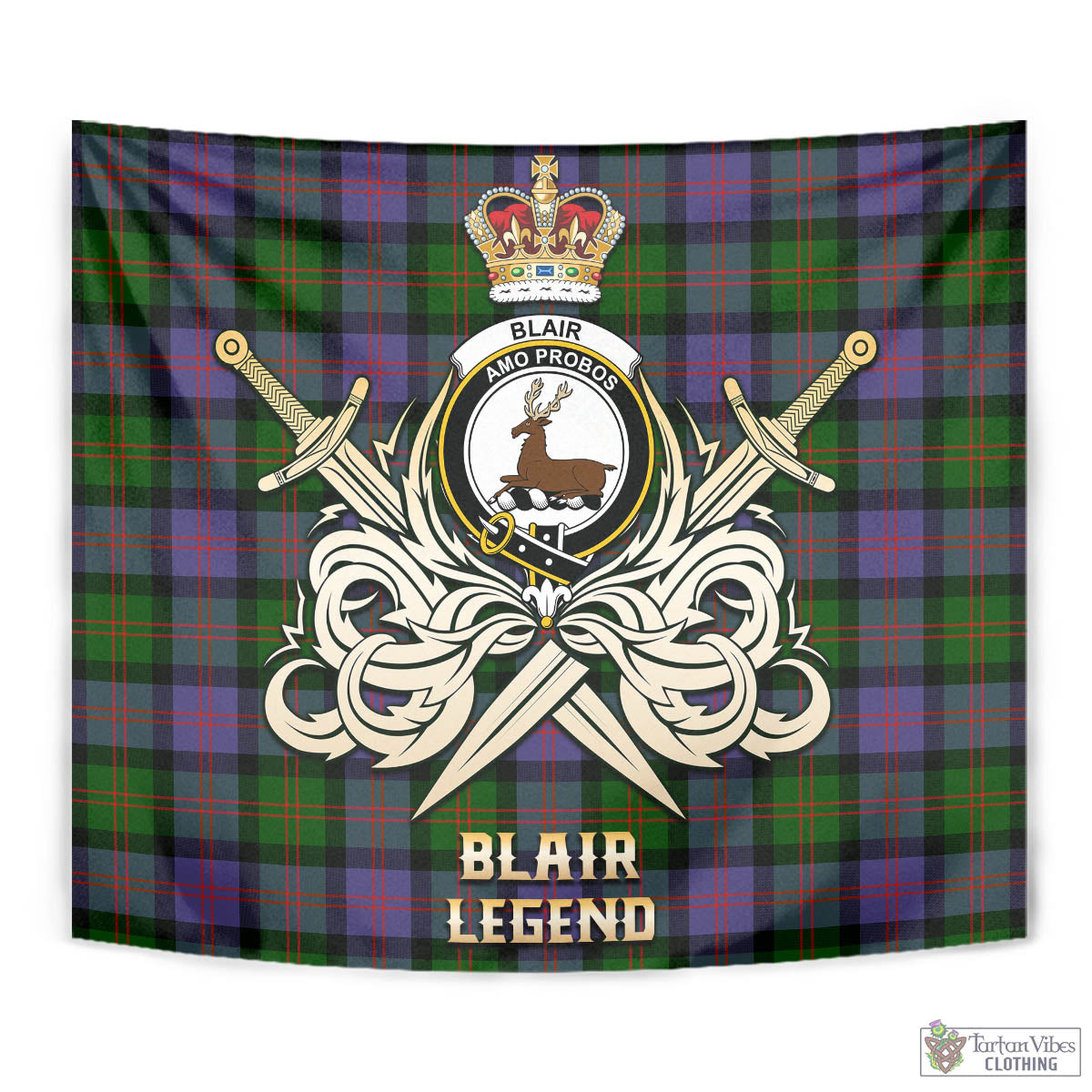 Tartan Vibes Clothing Blair Modern Tartan Tapestry with Clan Crest and the Golden Sword of Courageous Legacy