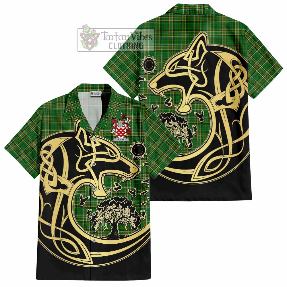 Tartan Vibes Clothing Blake Irish Tartan Short Sleeve Button Shirt with Coat of Arms Celtic Wolf Style