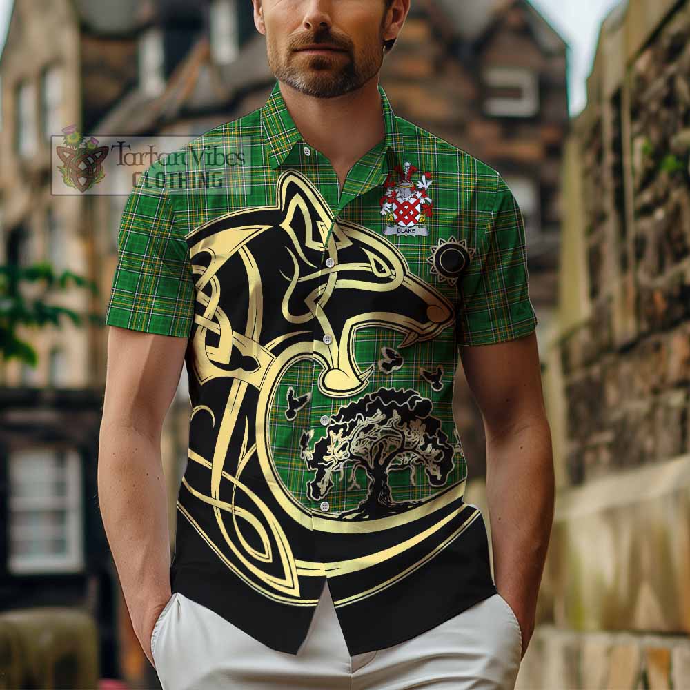 Tartan Vibes Clothing Blake Irish Tartan Short Sleeve Button Shirt with Coat of Arms Celtic Wolf Style