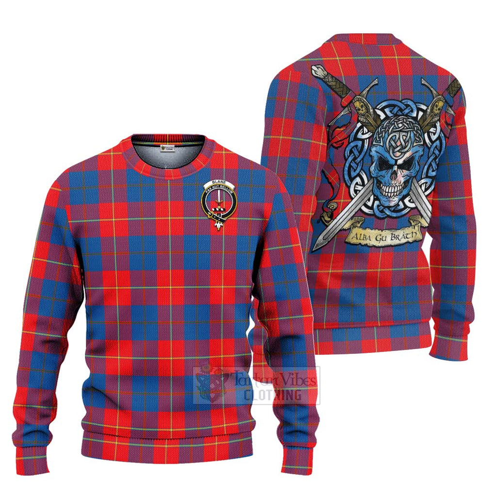 Tartan Vibes Clothing Blane Tartan Knitted Sweater with Family Crest Celtic Skull Style