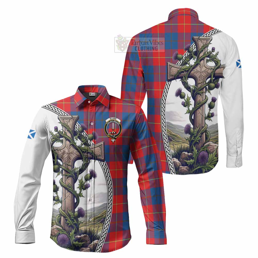 Tartan Vibes Clothing Blane Tartan Long Sleeve Button Shirt with Family Crest and St. Andrew's Cross Accented by Thistle Vines