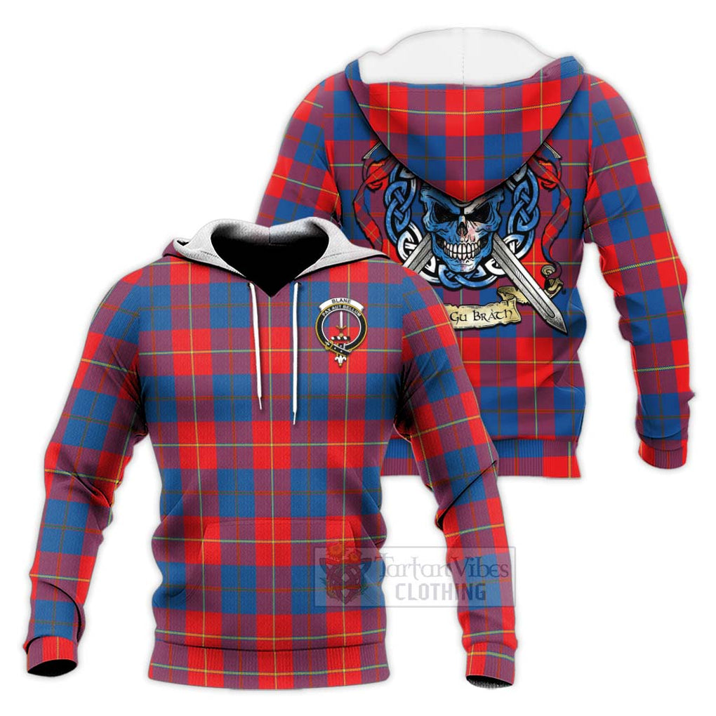 Tartan Vibes Clothing Blane Tartan Knitted Hoodie with Family Crest Celtic Skull Style