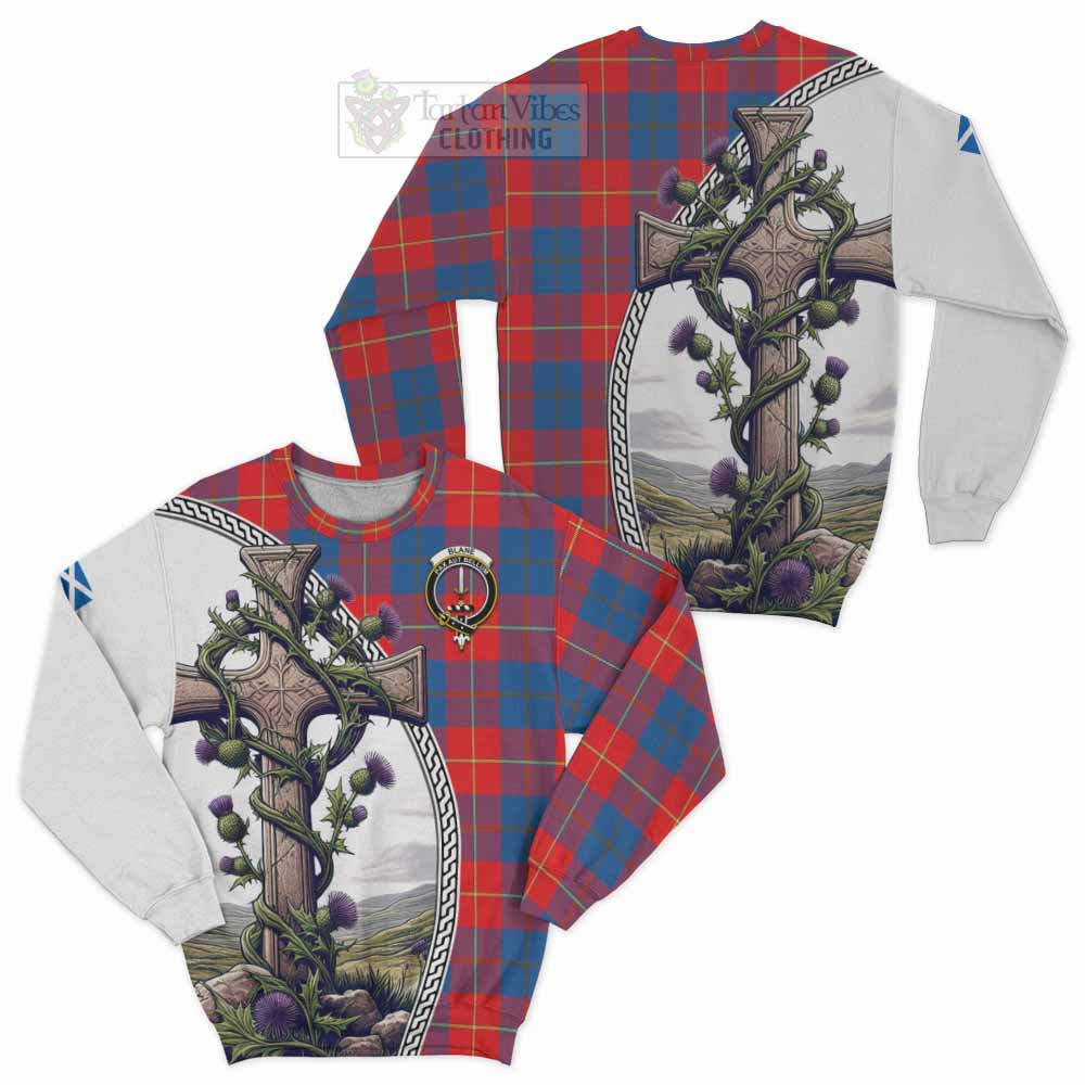 Tartan Vibes Clothing Blane Tartan Sweatshirt with Family Crest and St. Andrew's Cross Accented by Thistle Vines