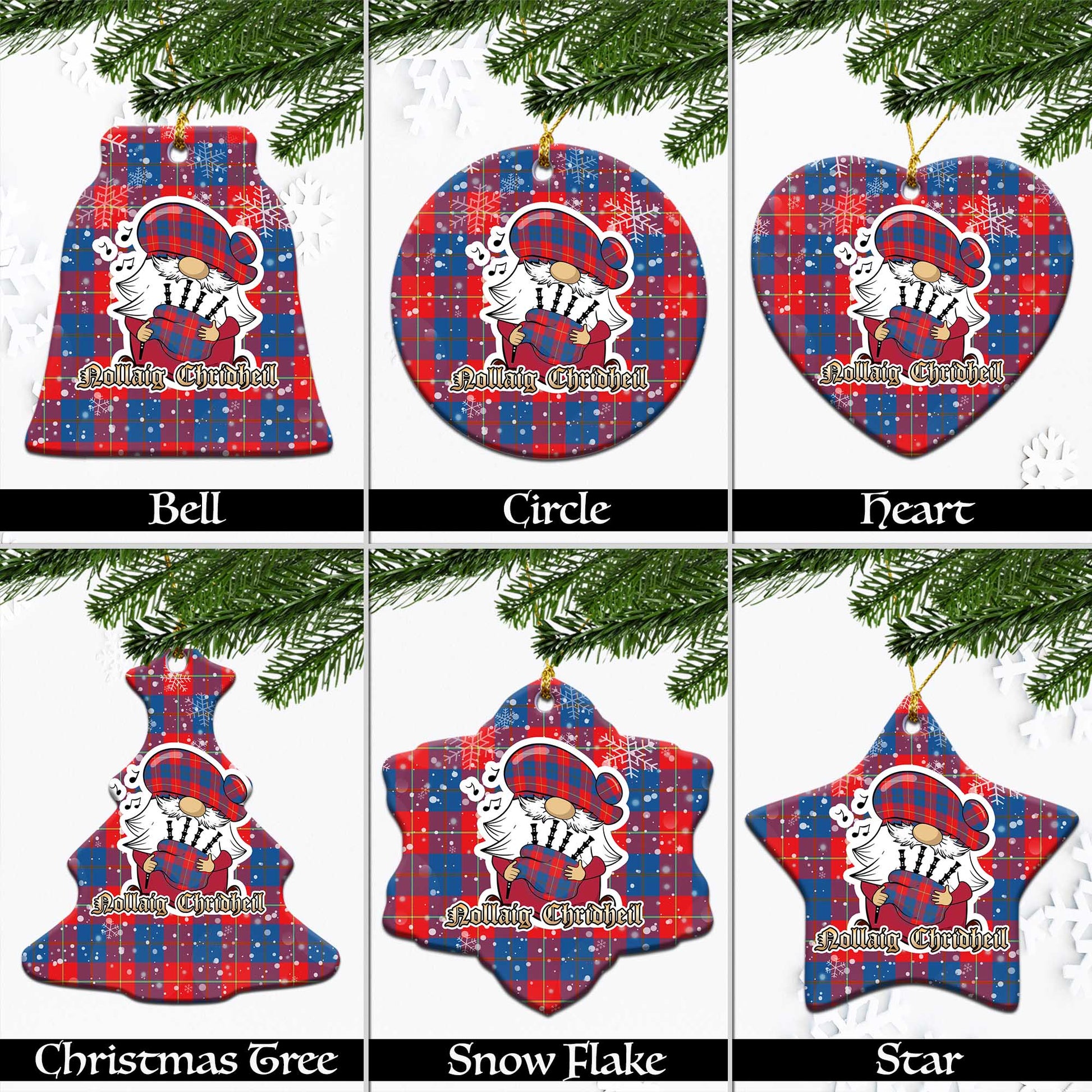 Blane Tartan Christmas Ornaments with Scottish Gnome Playing Bagpipes Ceramic - Tartanvibesclothing