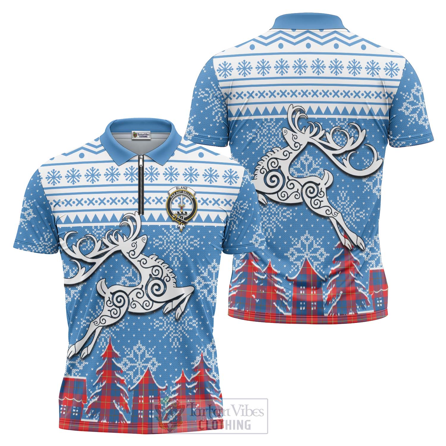 Tartan Vibes Clothing Blane Clan Christmas Zipper Polo Shirt Celtic Reindeer Style