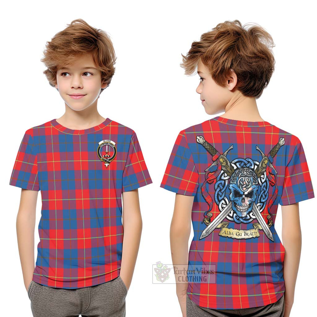 Tartan Vibes Clothing Blane Tartan Kid T-Shirt with Family Crest Celtic Skull Style