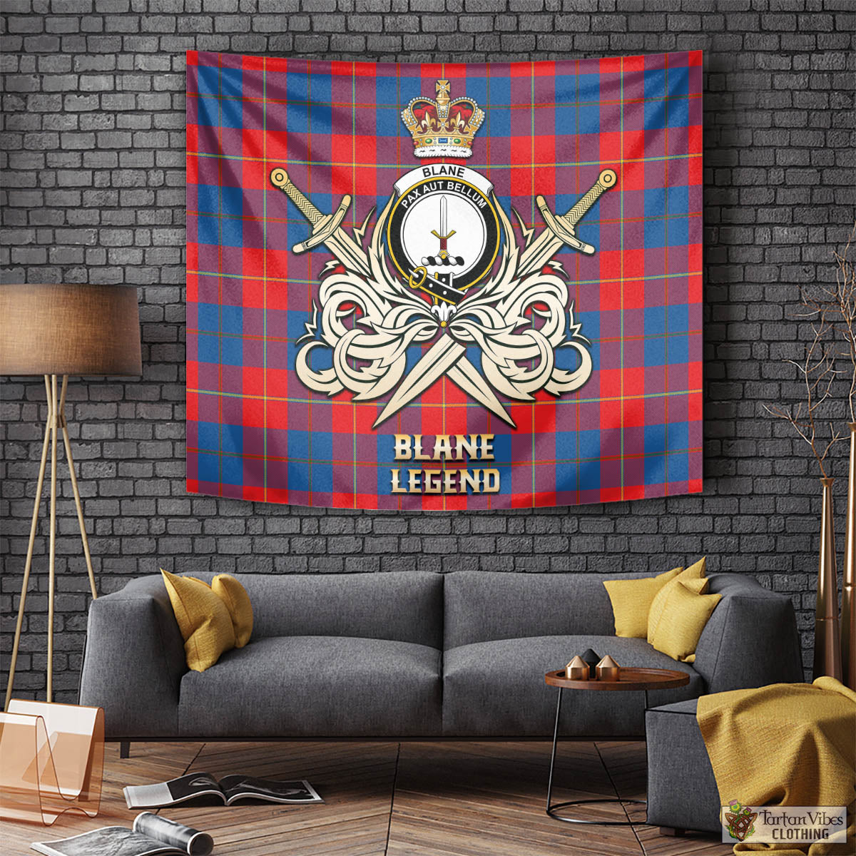 Tartan Vibes Clothing Blane Tartan Tapestry with Clan Crest and the Golden Sword of Courageous Legacy