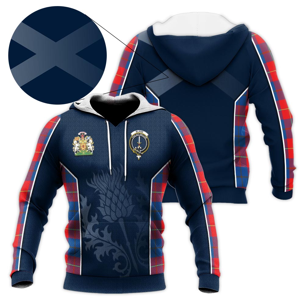 Tartan Vibes Clothing Blane Tartan Knitted Hoodie with Family Crest and Scottish Thistle Vibes Sport Style