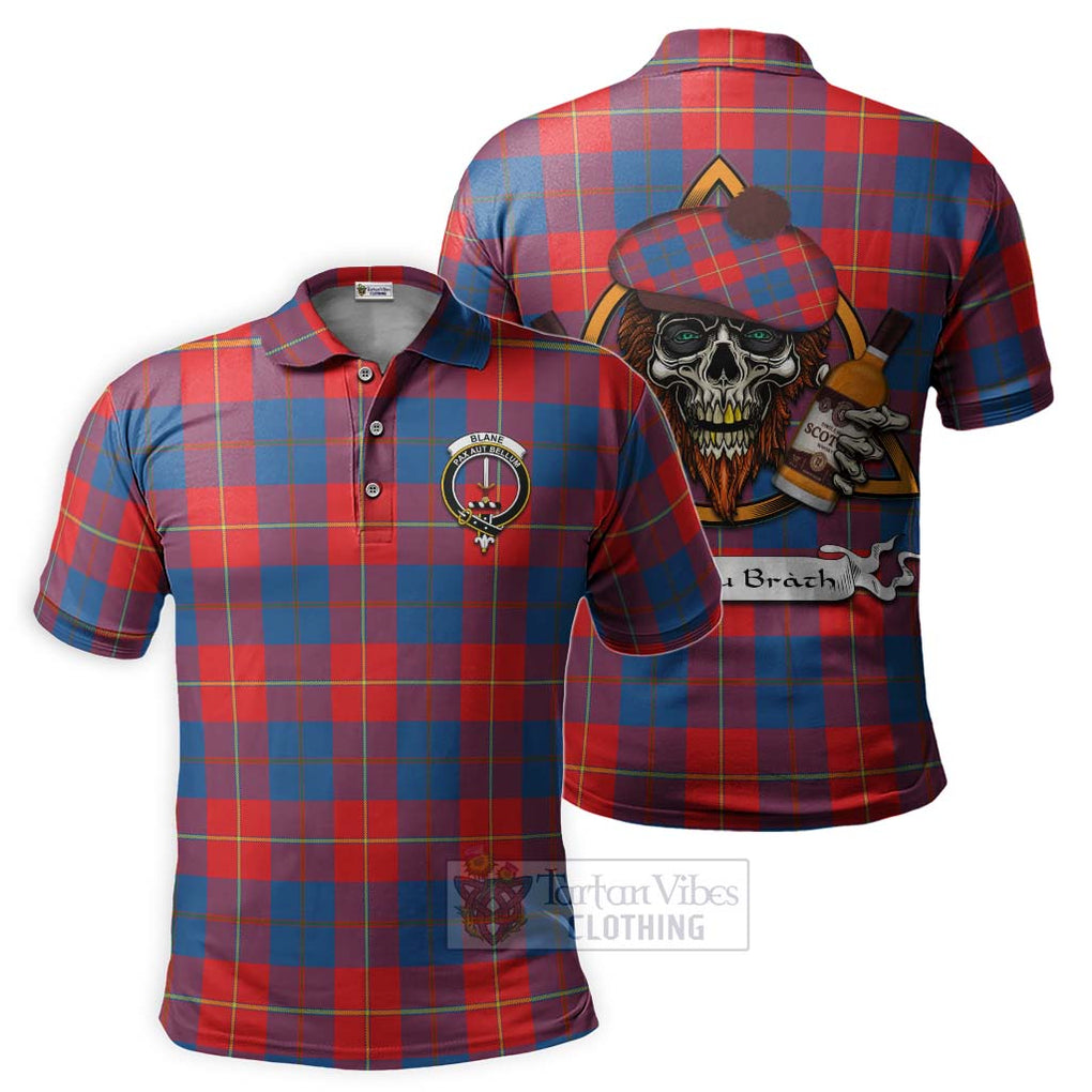 Tartan Vibes Clothing Blane Tartan Polo Shirt with Family Crest and Bearded Skull Holding Bottles of Whiskey