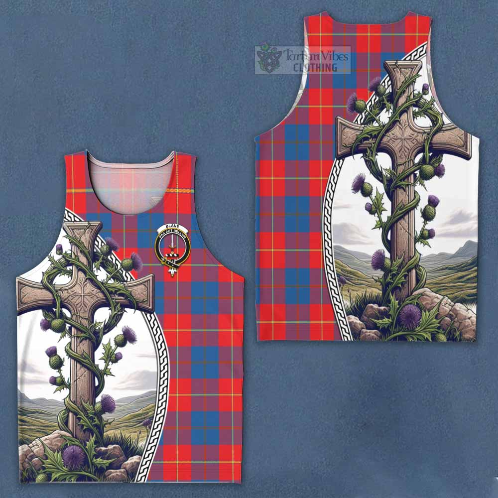 Tartan Vibes Clothing Blane Tartan Men's Tank Top with Family Crest and St. Andrew's Cross Accented by Thistle Vines