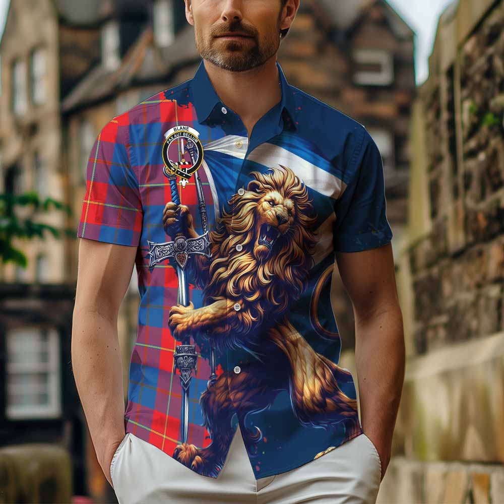 Tartan Vibes Clothing Blane Tartan Family Crest Short Sleeve Button Shirt with Scottish Majestic Lion