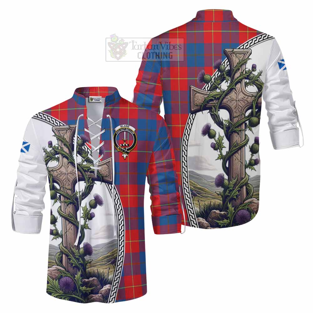 Tartan Vibes Clothing Blane Tartan Ghillie Kilt Shirt with Family Crest and St. Andrew's Cross Accented by Thistle Vines