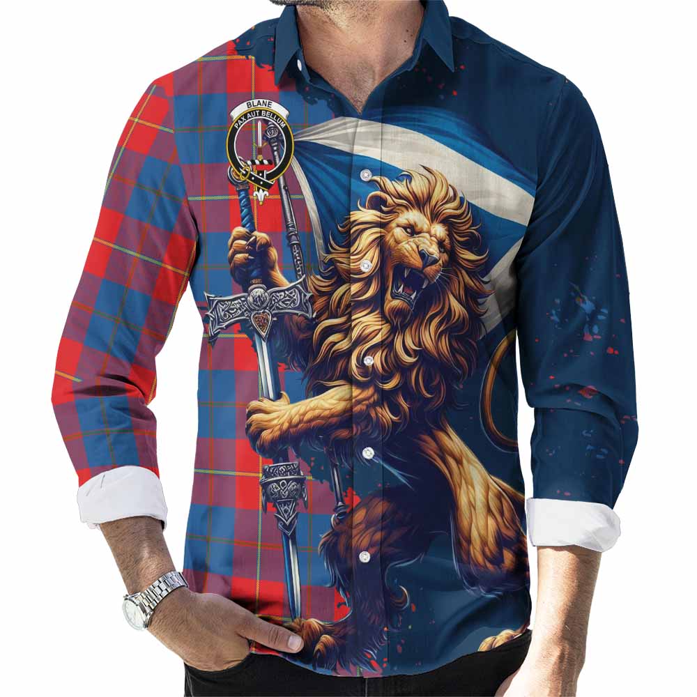 Tartan Vibes Clothing Blane Tartan Family Crest Long Sleeve Button Shirt with Scottish Majestic Lion