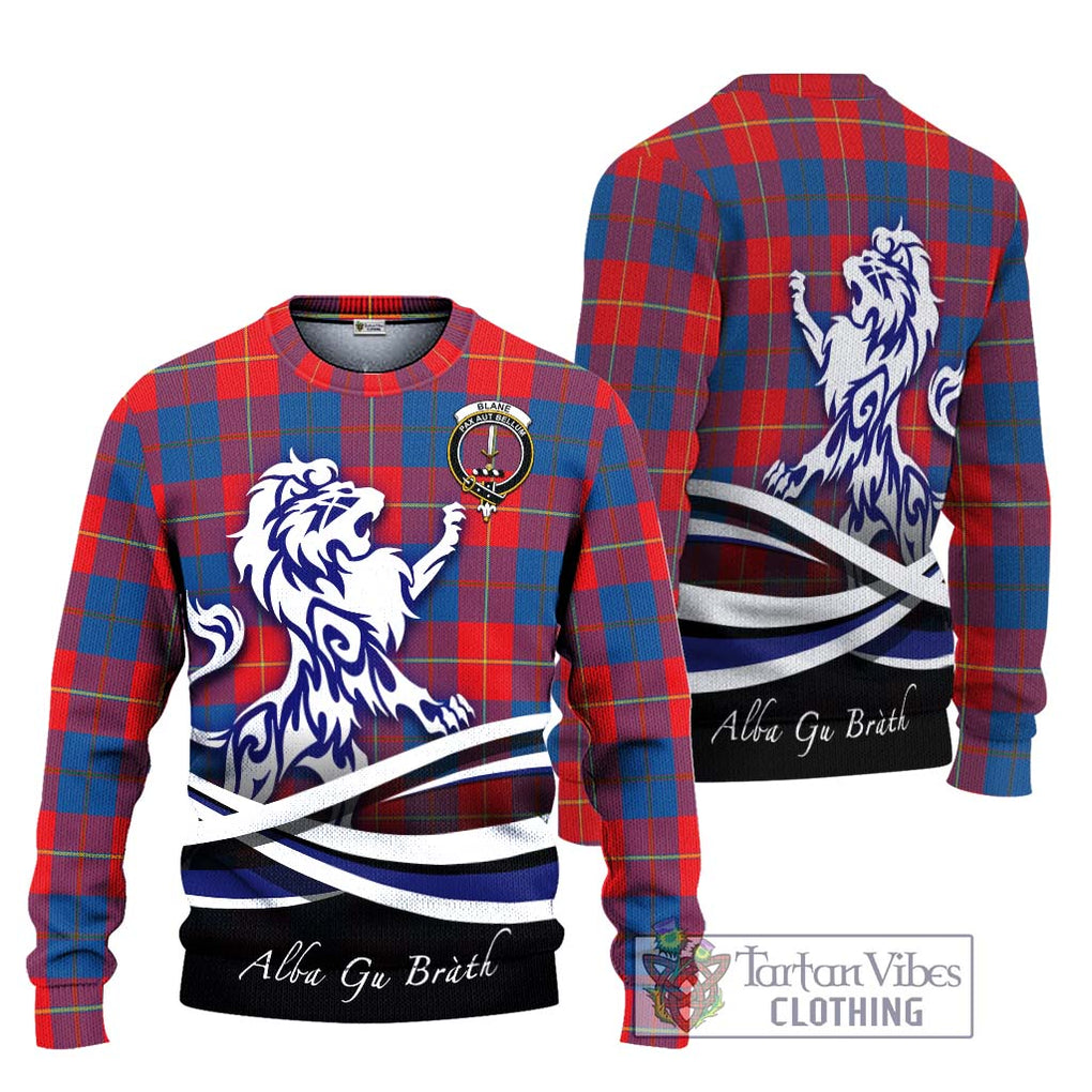 Blane Tartan Knitted Sweater with Alba Gu Brath Regal Lion Emblem Unisex - Tartanvibesclothing Shop