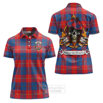 Blane Tartan Women's Polo Shirt with Family Crest and Bearded Skull Holding Bottles of Whiskey