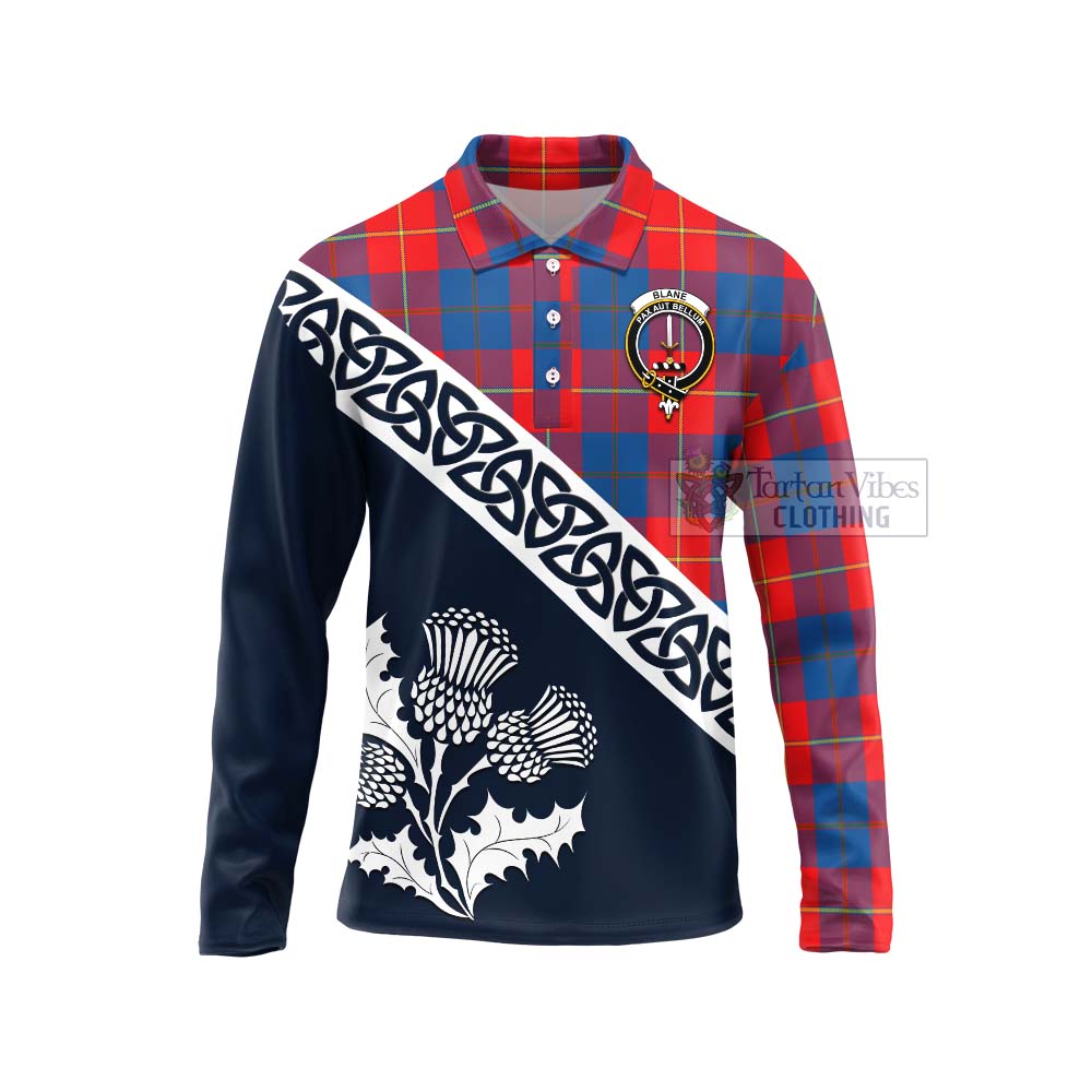 Tartan Vibes Clothing Blane Tartan Long Sleeve Polo Shirt Featuring Thistle and Scotland Map