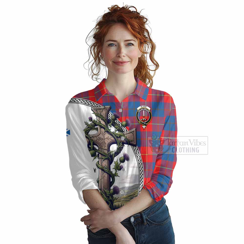 Tartan Vibes Clothing Blane Tartan Women's Casual Shirt with Family Crest and St. Andrew's Cross Accented by Thistle Vines