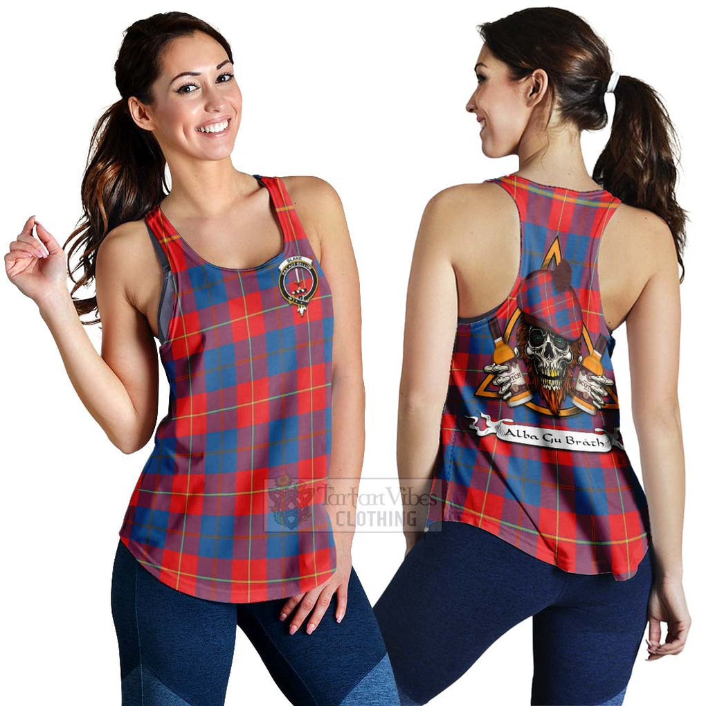 Tartan Vibes Clothing Blane Tartan Women's Racerback Tanks with Family Crest and Bearded Skull Holding Bottles of Whiskey