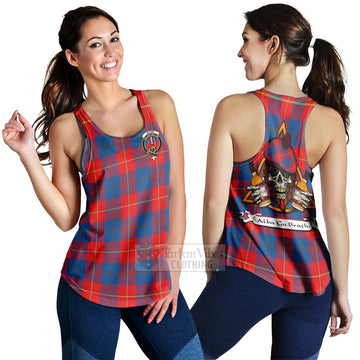 Blane Tartan Women's Racerback Tanks with Family Crest and Bearded Skull Holding Bottles of Whiskey