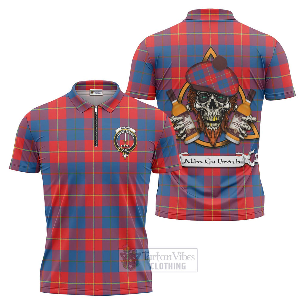 Tartan Vibes Clothing Blane Tartan Zipper Polo Shirt with Family Crest and Bearded Skull Holding Bottles of Whiskey