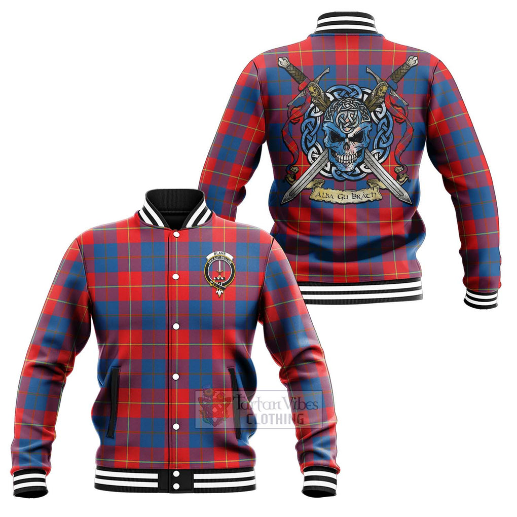 Tartan Vibes Clothing Blane Tartan Baseball Jacket with Family Crest Celtic Skull Style