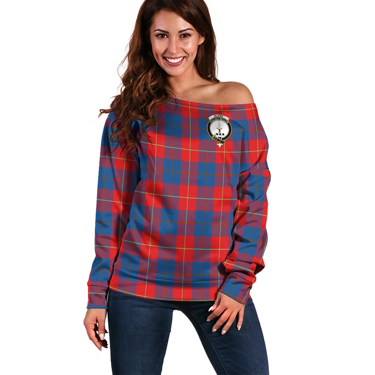 Blane Tartan Off Shoulder Women Sweater with Family Crest Women - Tartanvibesclothing