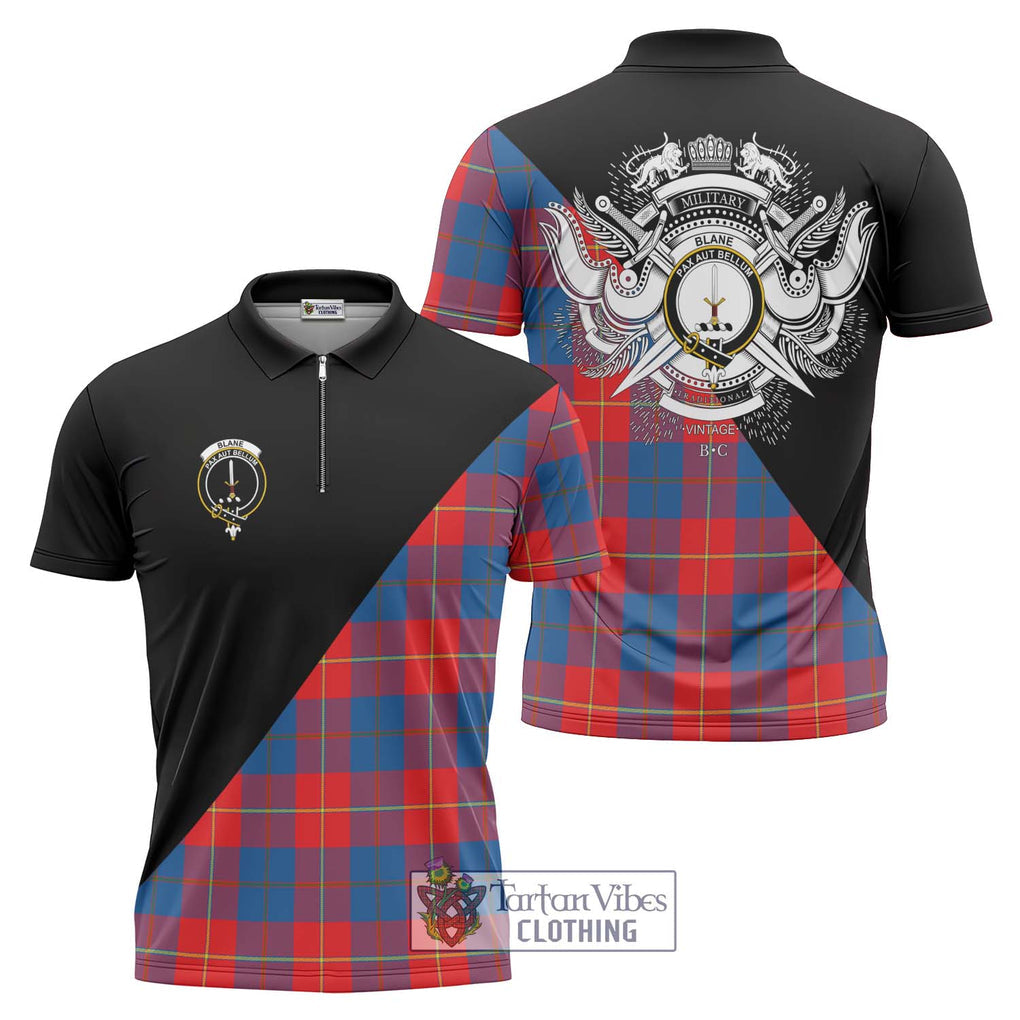 Blane Tartan Zipper Polo Shirt with Family Crest and Military Logo Style Unisex - Tartanvibesclothing Shop