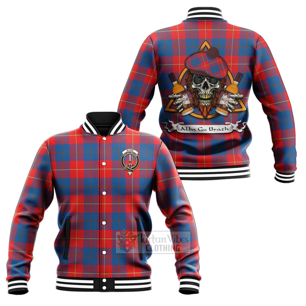 Tartan Vibes Clothing Blane Tartan Baseball Jacket with Family Crest and Bearded Skull Holding Bottles of Whiskey