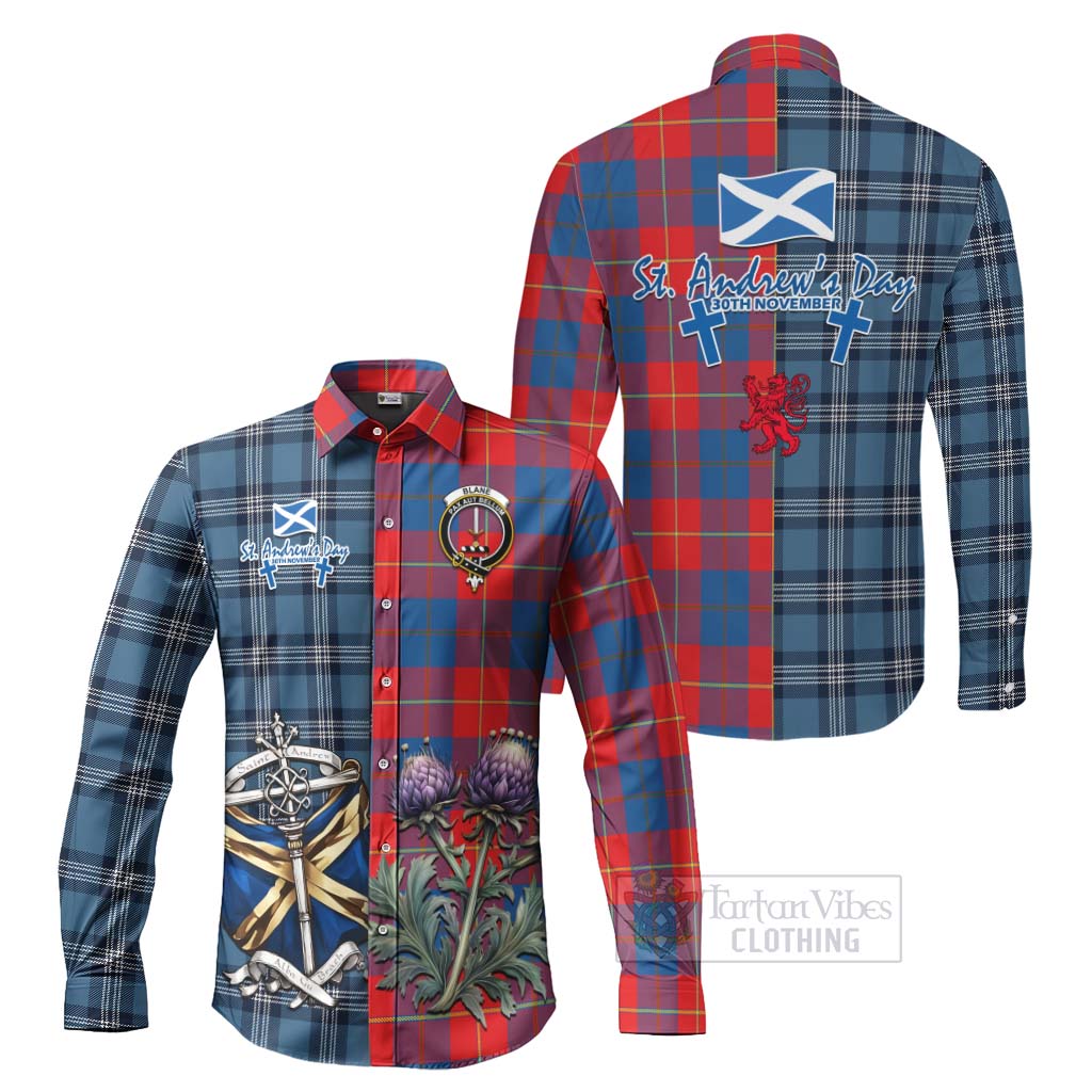 Tartan Vibes Clothing Blane Tartan Long Sleeve Button Shirt Happy St. Andrew's Day Half Tartan Style