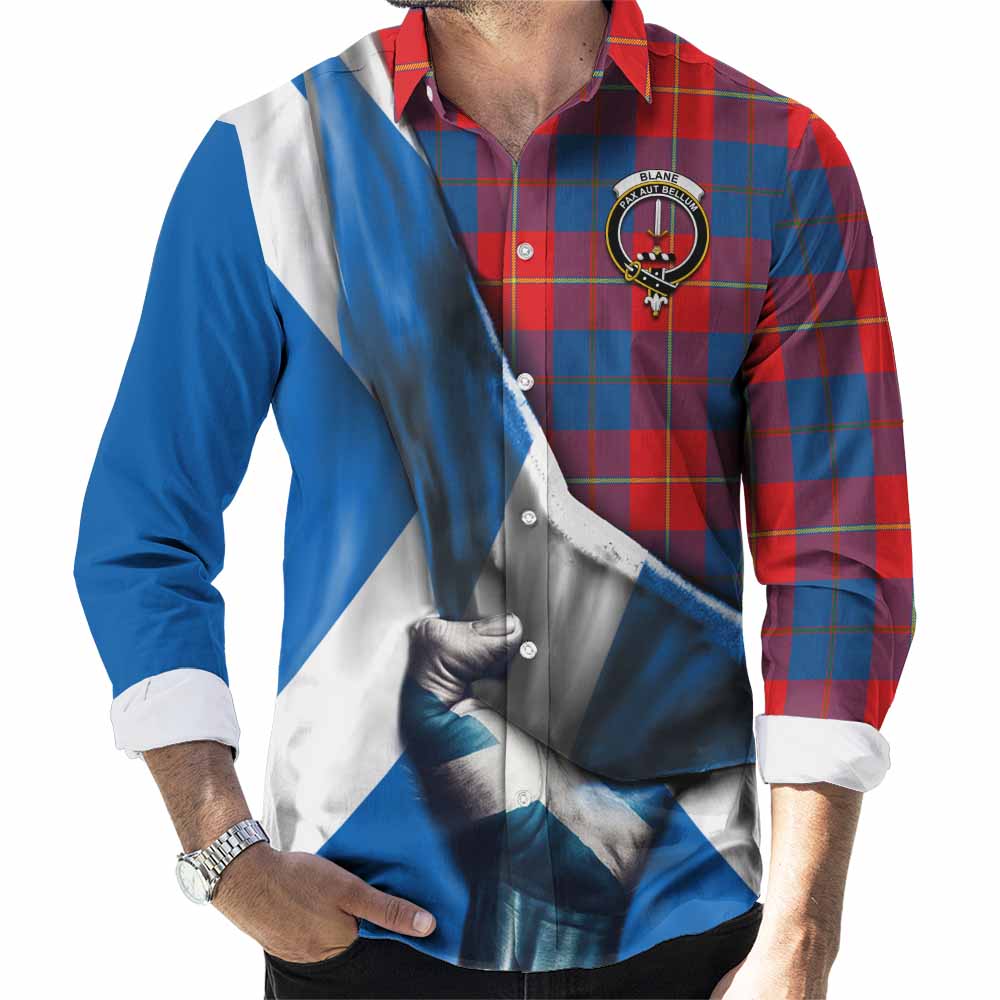 Tartan Vibes Clothing Blane Tartan Long Sleeve Button Shirt with Family Crest Scotland Patriotic Style