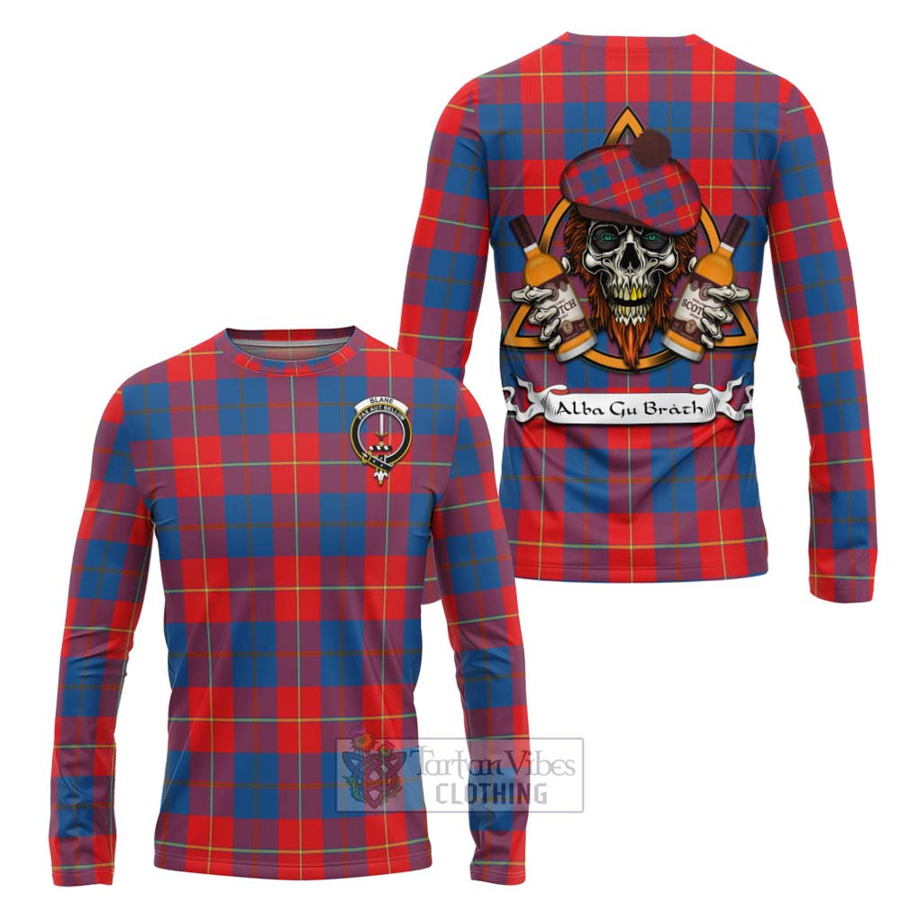 Tartan Vibes Clothing Blane Tartan Long Sleeve T-Shirt with Family Crest and Bearded Skull Holding Bottles of Whiskey