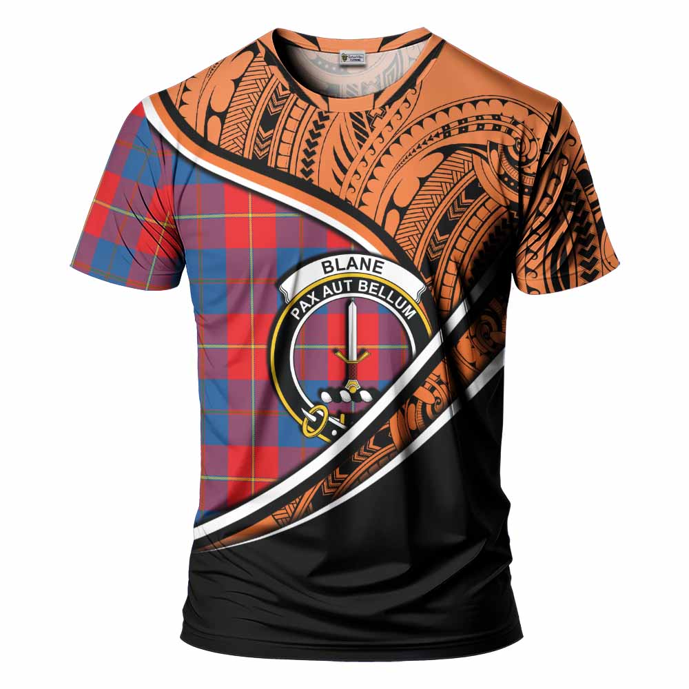 Tartan Vibes Clothing Blane Crest Tartan T-Shirt with Maori Tattoo Style - Orange Version