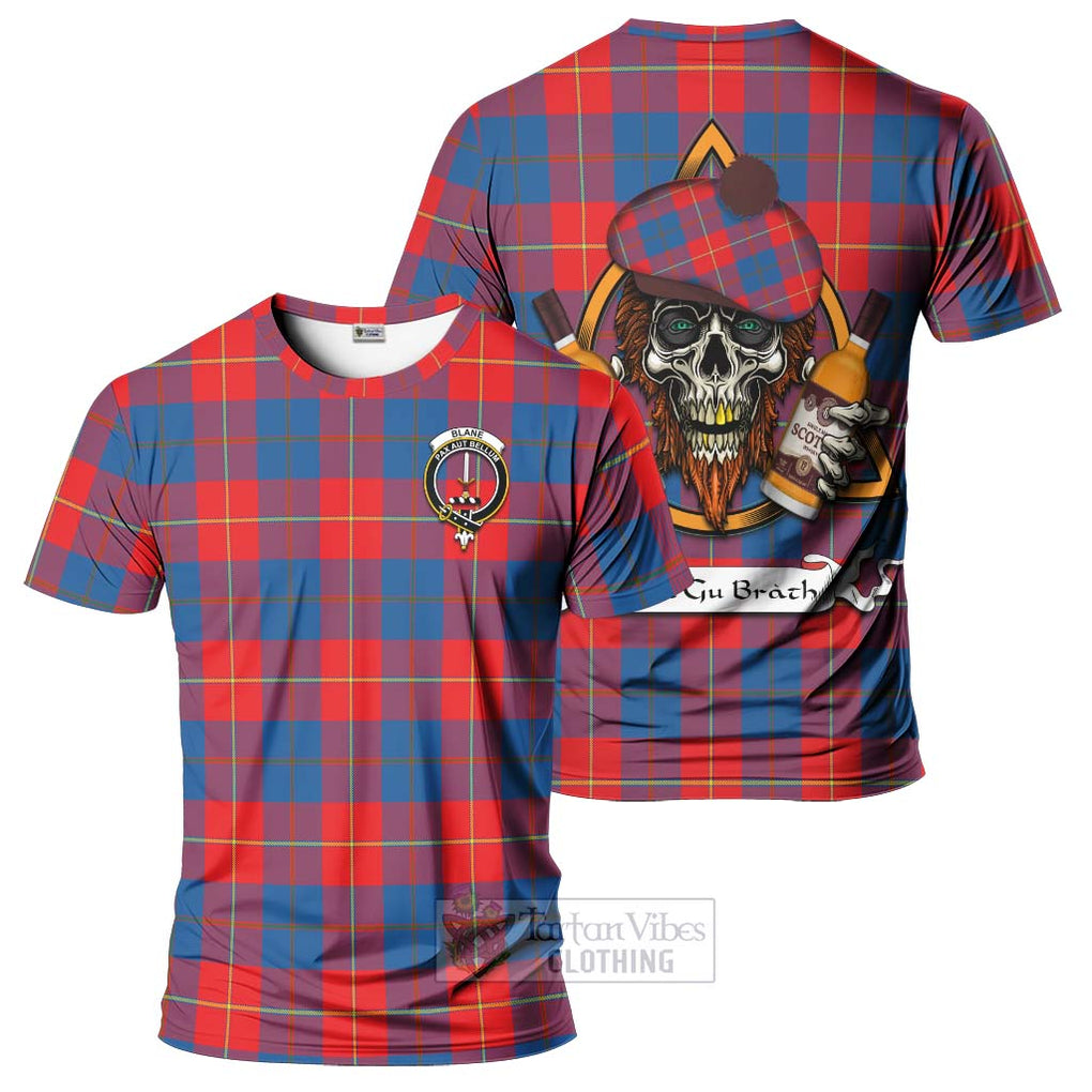 Tartan Vibes Clothing Blane Tartan T-Shirt with Family Crest and Bearded Skull Holding Bottles of Whiskey