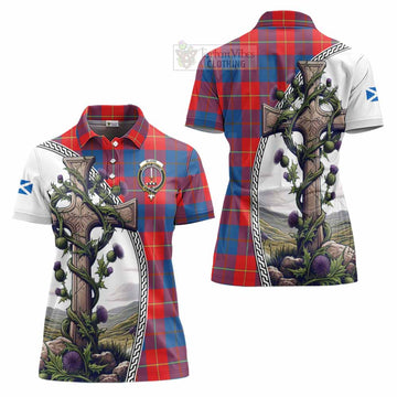 Blane Tartan Women's Polo Shirt with Family Crest and St. Andrew's Cross Accented by Thistle Vines