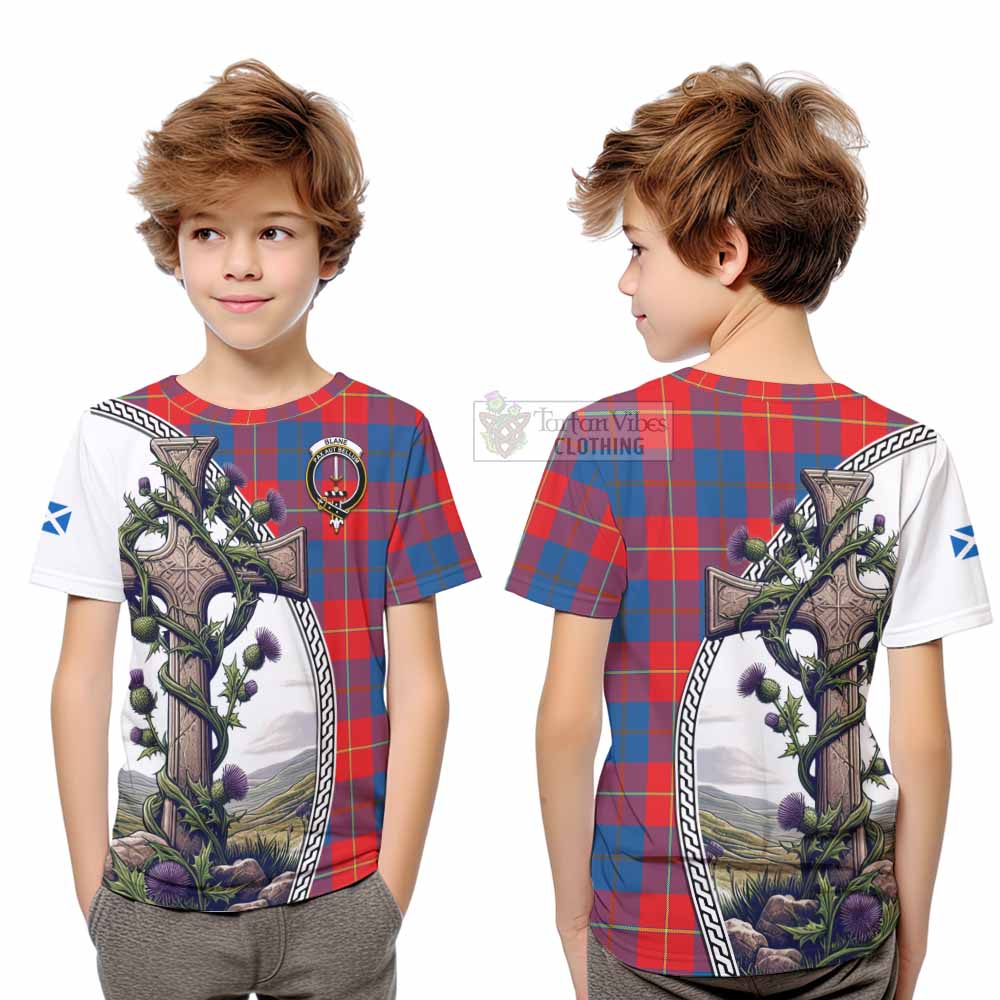 Tartan Vibes Clothing Blane Tartan Kid T-Shirt with Family Crest and St. Andrew's Cross Accented by Thistle Vines