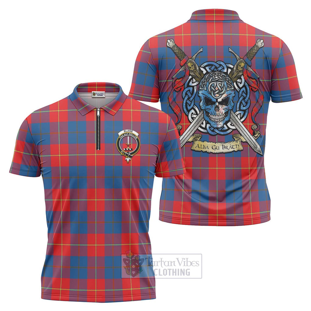 Tartan Vibes Clothing Blane Tartan Zipper Polo Shirt with Family Crest Celtic Skull Style