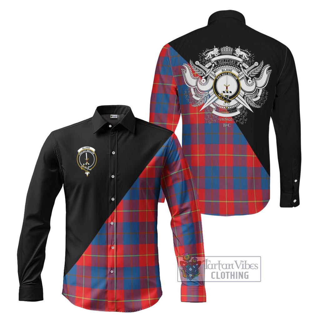 Blane Tartan Long Sleeve Button Shirt with Family Crest and Military Logo Style Men's Shirt S - Tartanvibesclothing Shop