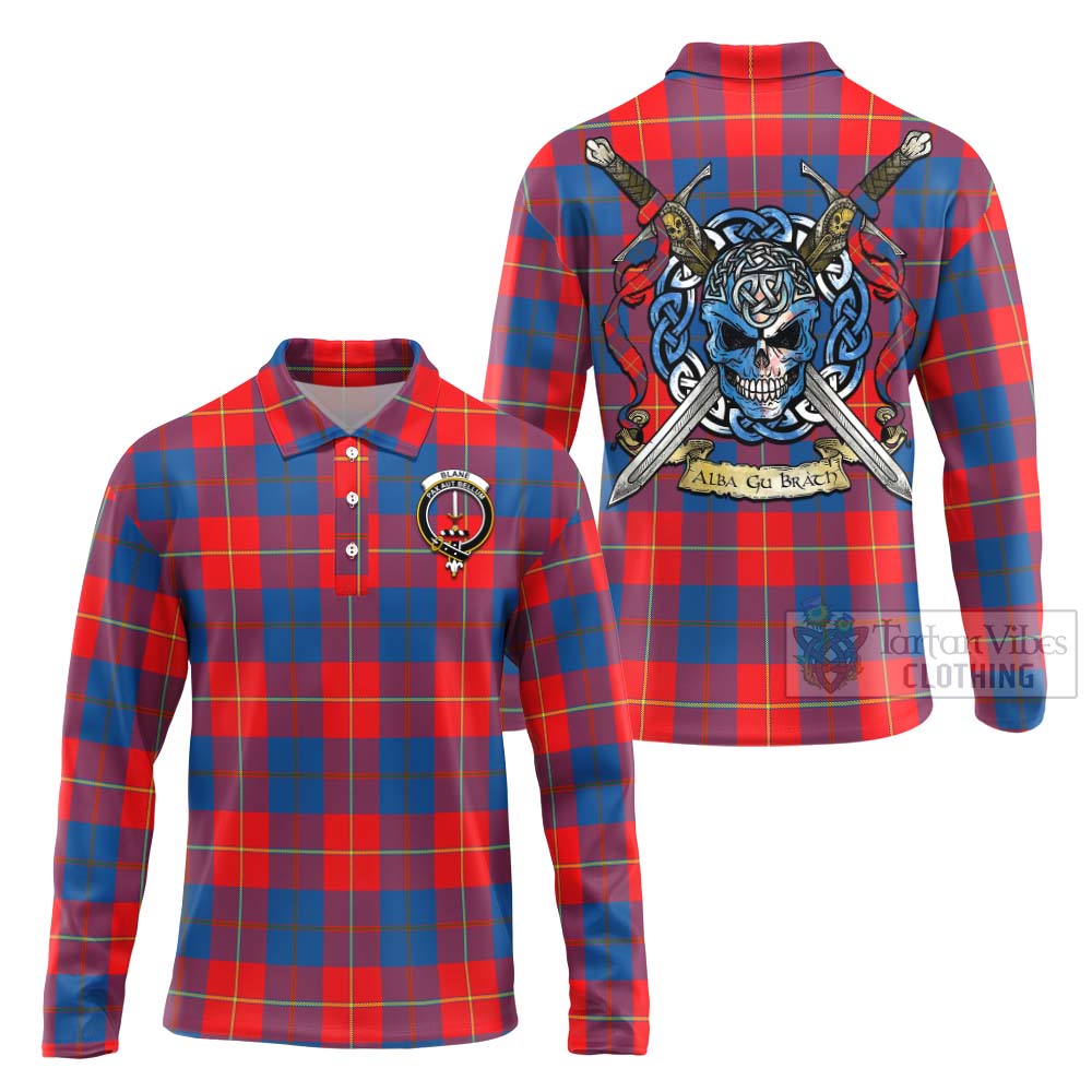 Tartan Vibes Clothing Blane Tartan Long Sleeve Polo Shirt with Family Crest Celtic Skull Style