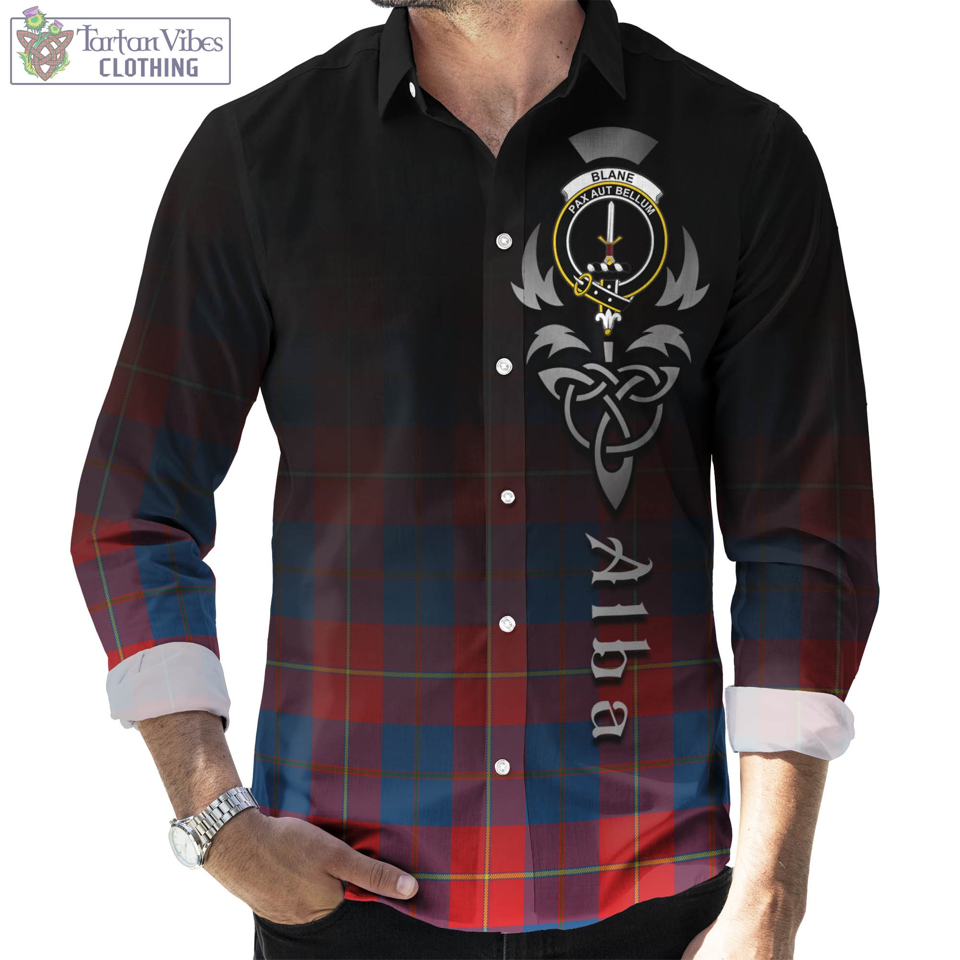 Tartan Vibes Clothing Blane Tartan Long Sleeve Button Up Featuring Alba Gu Brath Family Crest Celtic Inspired