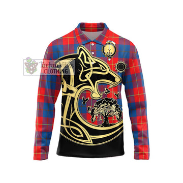 Blane Tartan Long Sleeve Polo Shirt with Family Crest Celtic Wolf Style