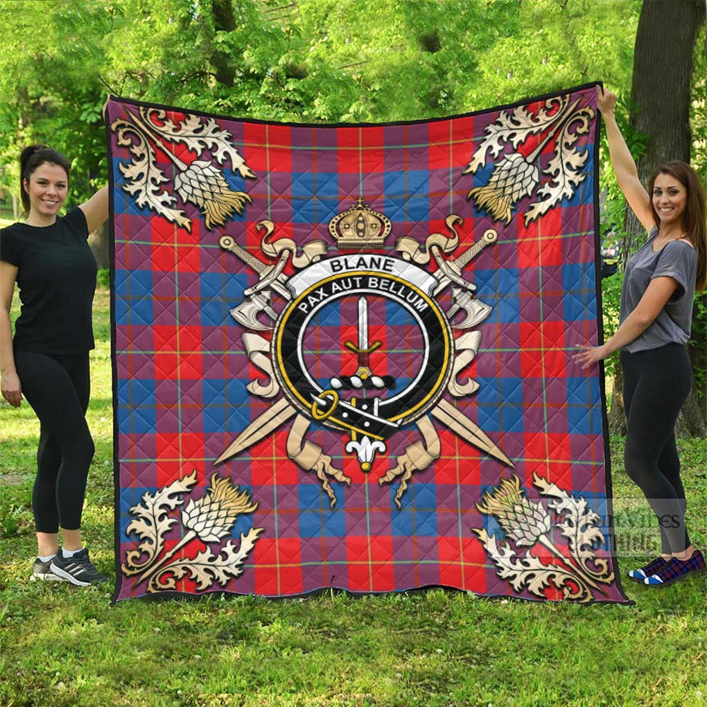 Tartan Vibes Clothing Blane Tartan Quilt with Family Crest and Scottish Golden Courage Shield