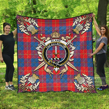 Blane Tartan Quilt with Family Crest and Golden Thistle Crossed Sword Design