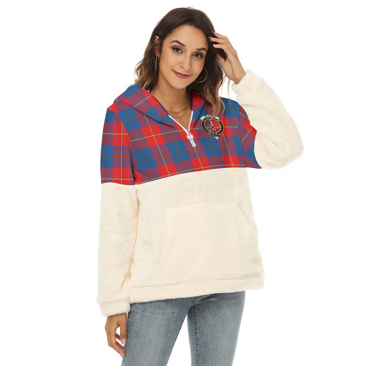 Blane Tartan Women's Borg Fleece Hoodie With Half Zip with Family Crest Female - Tartanvibesclothing