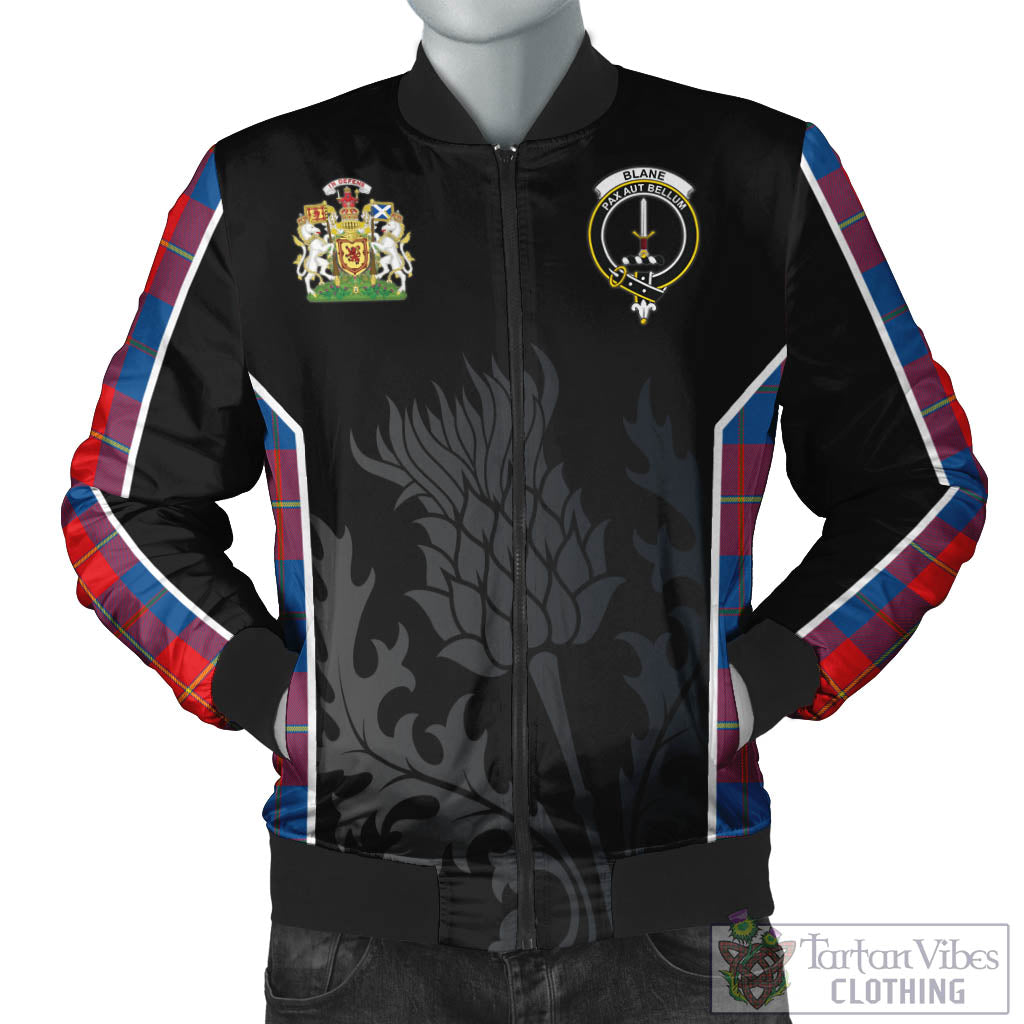 Tartan Vibes Clothing Blane Tartan Bomber Jacket with Family Crest and Scottish Thistle Vibes Sport Style