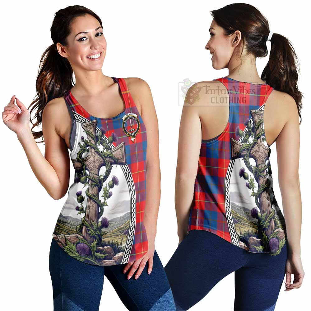 Tartan Vibes Clothing Blane Tartan Women's Racerback Tanks with Family Crest and St. Andrew's Cross Accented by Thistle Vines