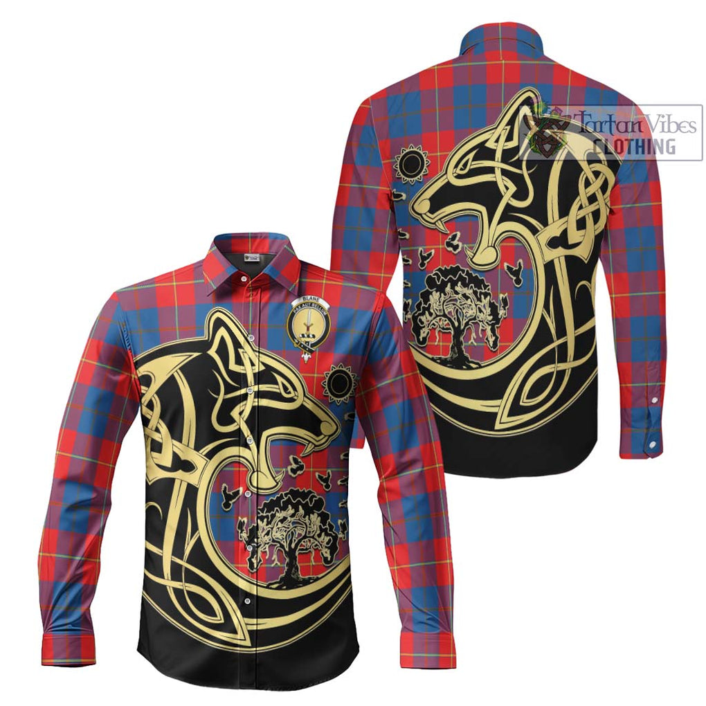 Blane Tartan Long Sleeve Button Shirt with Family Crest Celtic Wolf Style Men's Shirt S - Tartan Vibes Clothing