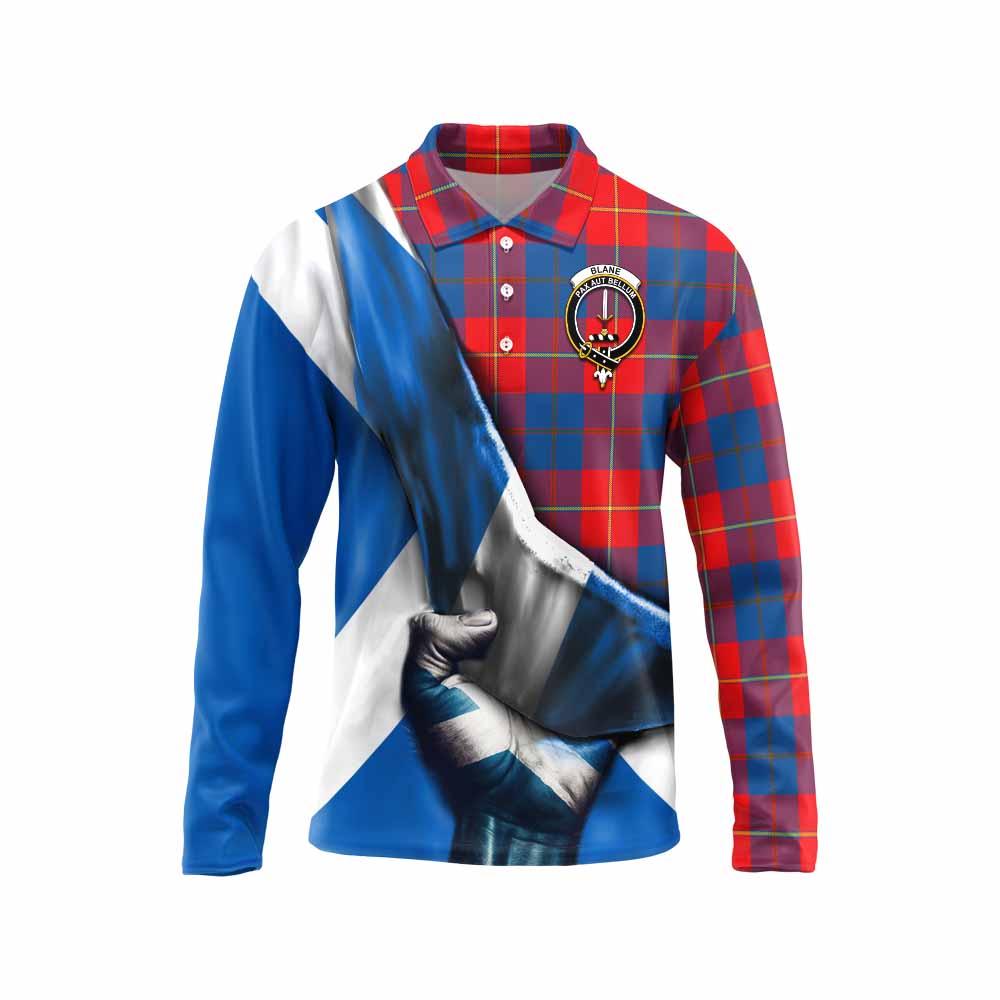 Tartan Vibes Clothing Blane Tartan Long Sleeve Polo Shirt with Family Crest Scotland Patriotic Style